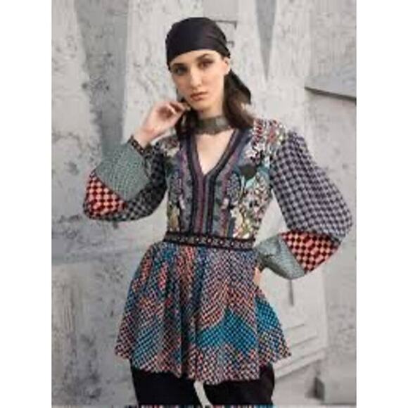 Anthropologie Bhanuni By Jyoti Womens Abstract Baby Doll Blouse Size Small - Picture 1 of 7